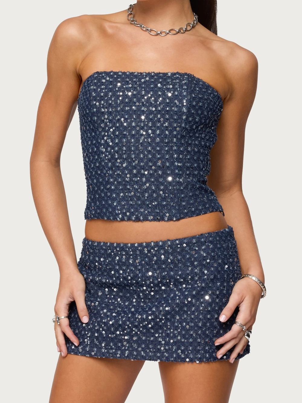 Edikted Navy Sequin Strapless Crop Top